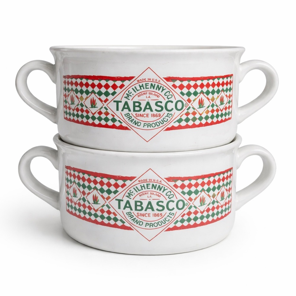 Vintage Tabasco Soup Bowls Set of 2 Houston Harvest Double Handle Mugs